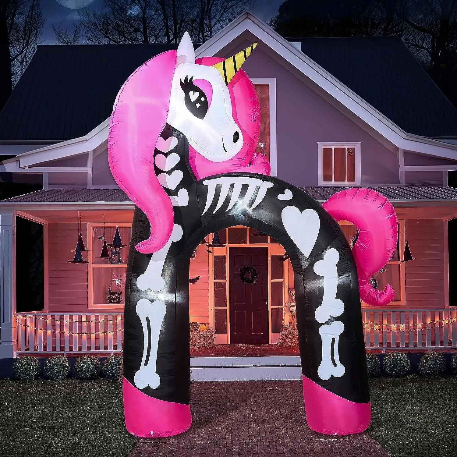 Joeidomi 12ft Rainbow Skeleton Unicorn Arch LED Halloween Inflatable