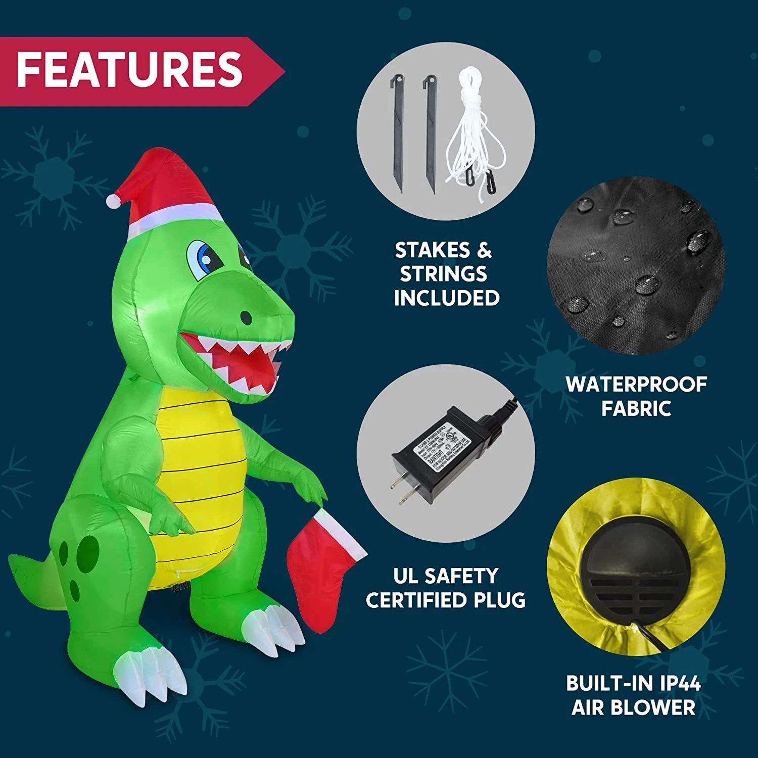 6 FT Tall Inflatable Dinosaur Holding A Christmas Stocking With Build-in LEDs 8 6 FT Tall Inflatable Dinosaur Holding A Christmas Stocking With Build-in LEDs - Image 6