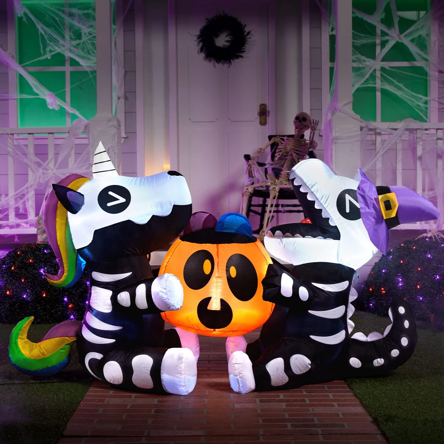 6ft Long Sitting Skeleton Unicorn With Dinosaur Halloween Inflatable
