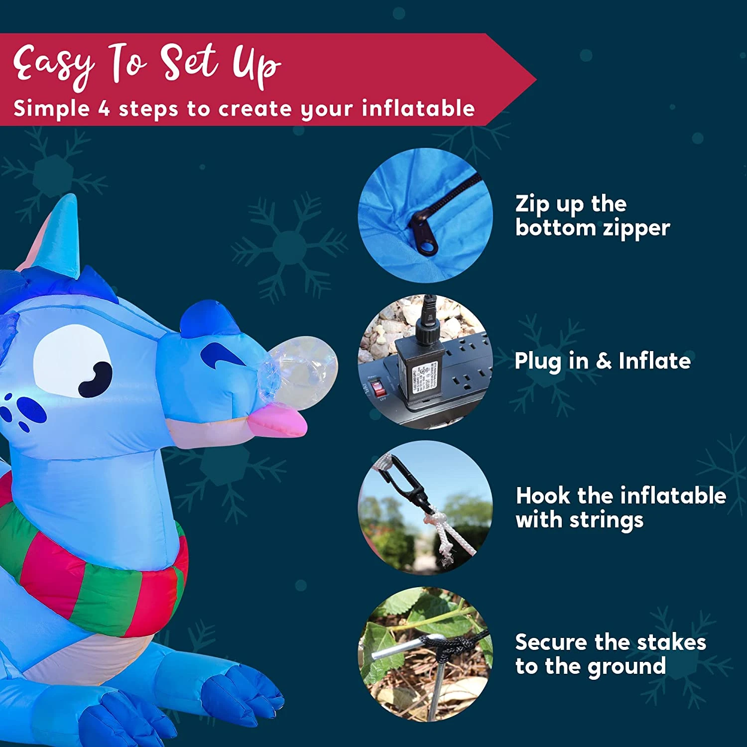 6 FT Long Inflatable Blue Dragon With Snowflake With Build-in LEDs 9 6 FT Long Inflatable Blue Dragon With Snowflake With Build-in LEDs - Image 7