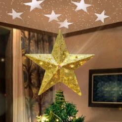 Gold Star Tree Topper Metal With White Star Projector Light