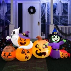 6 Ft. Long Pumpkin With Witch And Ghost Halloween Inflatables
