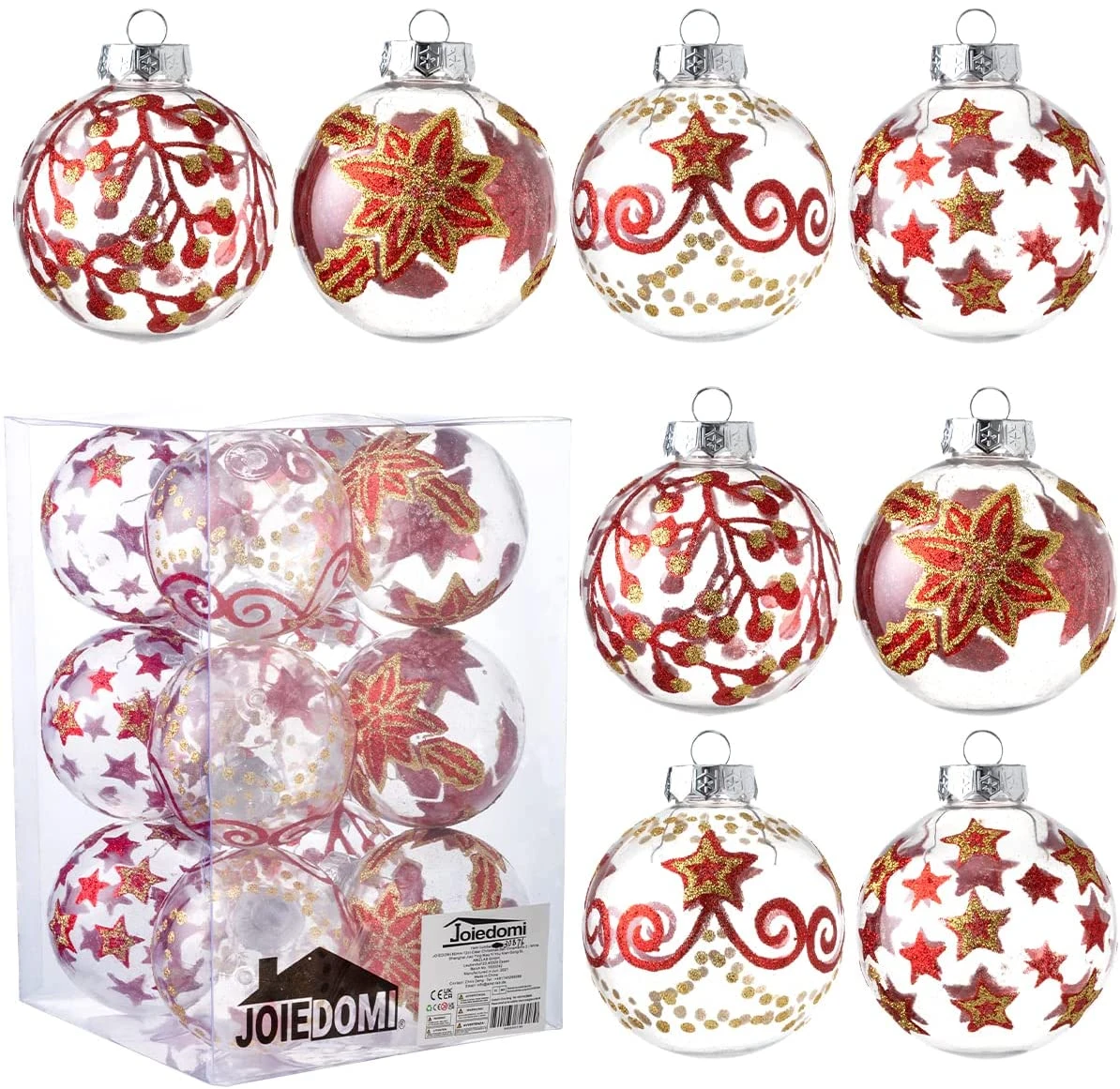 3.15'' Christmas Transparent Ball Ornaments With Red And Gold Print 12 Pcs - Image 8