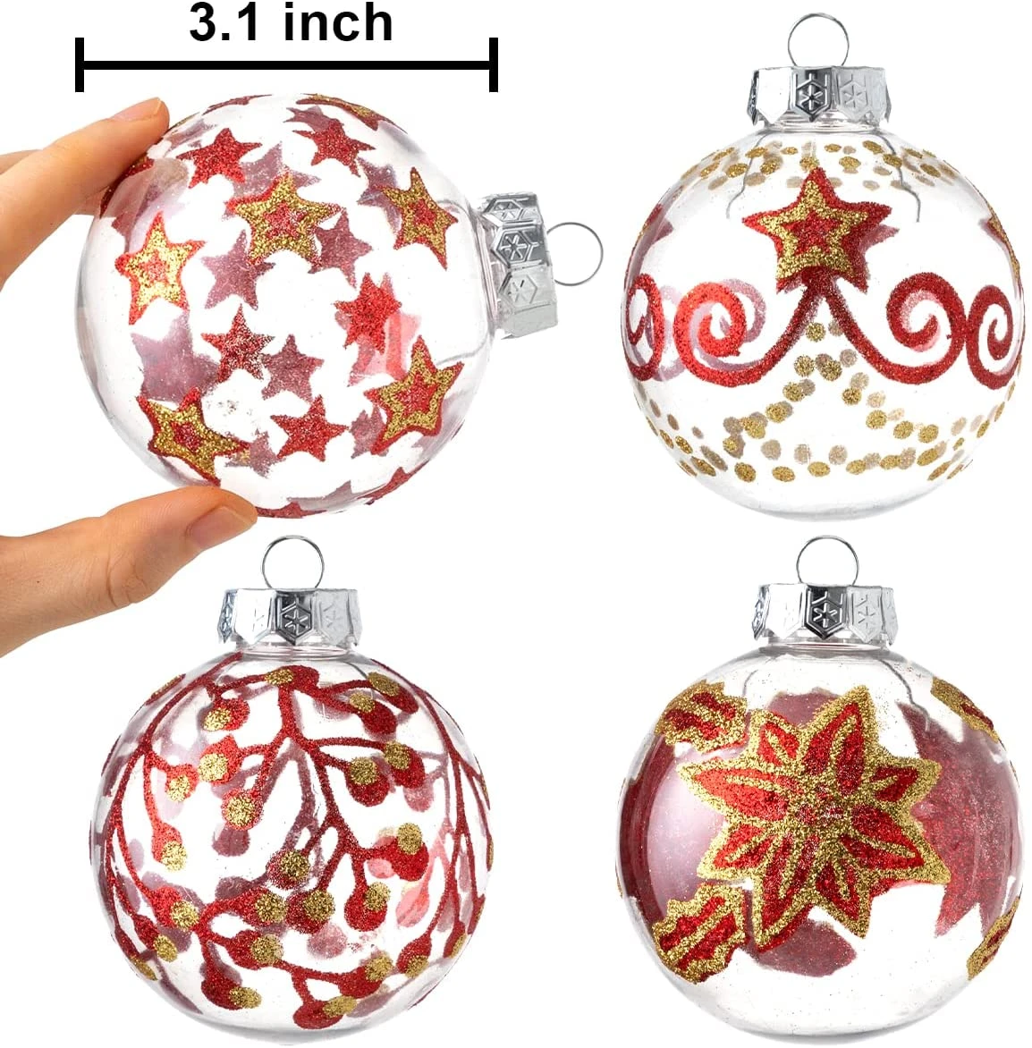 3.15'' Christmas Transparent Ball Ornaments With Red And Gold Print 12 Pcs - Image 3