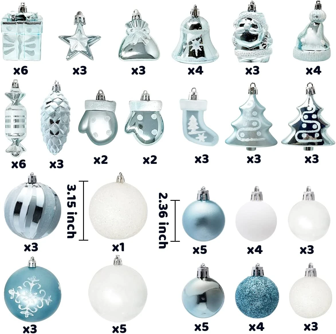 81 Pcs Assorted Shape Christmas Ornaments (Babyblue And White) - Image 4