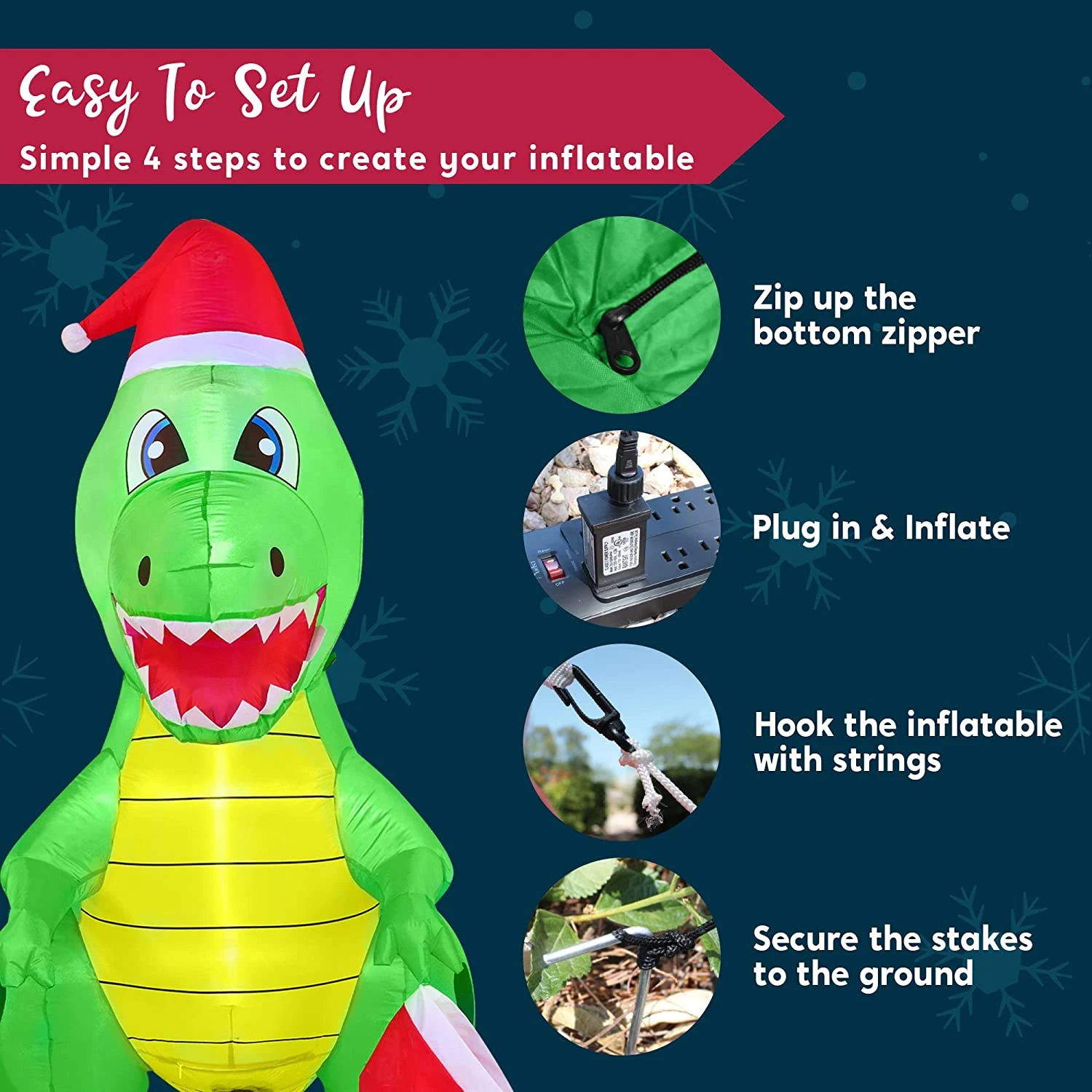 6 FT Tall Inflatable Dinosaur Holding A Christmas Stocking With Build-in LEDs 9 6 FT Tall Inflatable Dinosaur Holding A Christmas Stocking With Build-in LEDs - Image 7