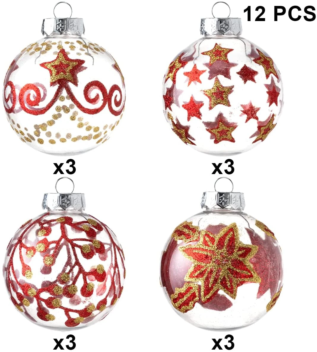 3.15'' Christmas Transparent Ball Ornaments With Red And Gold Print 12 Pcs - Image 2