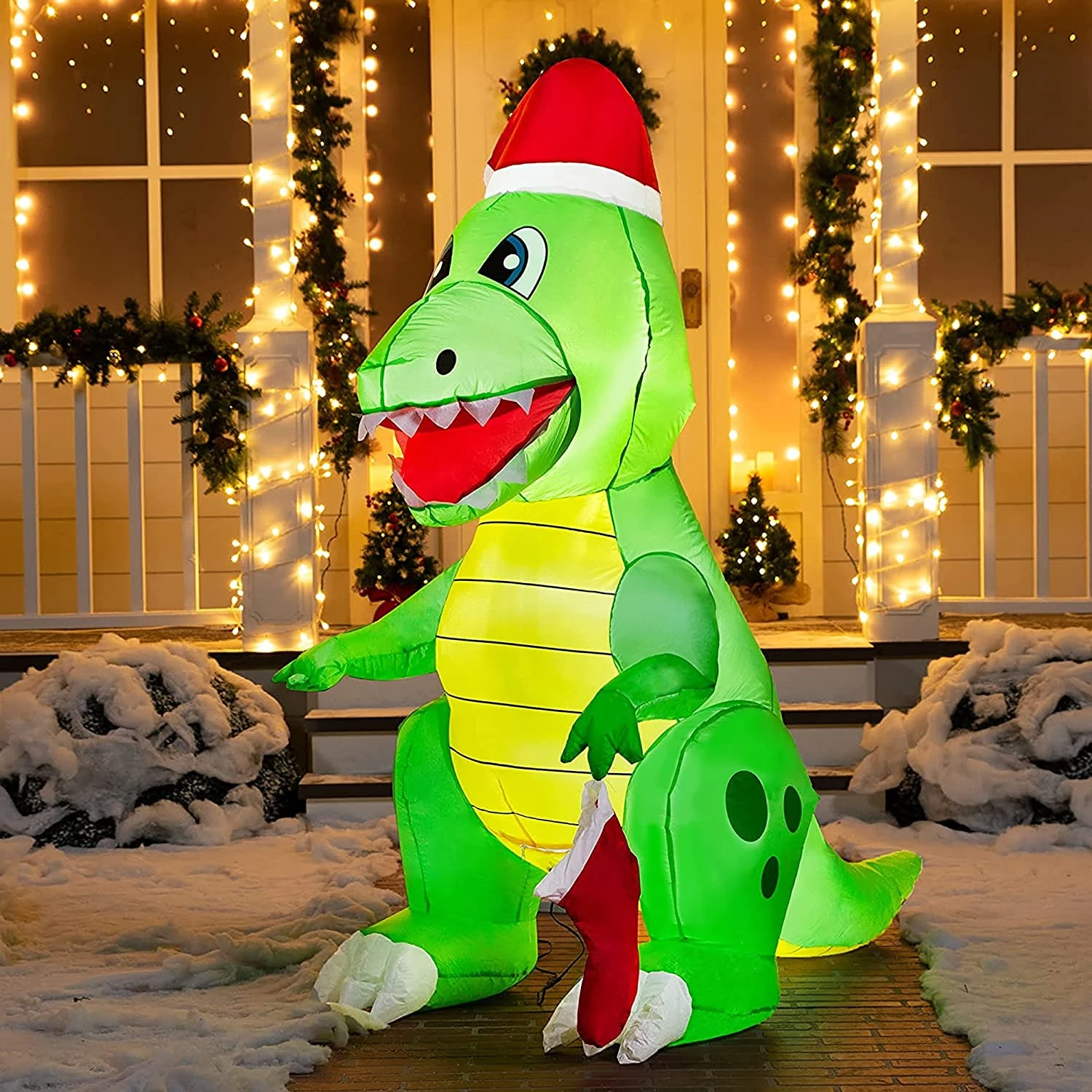 6 FT Tall Inflatable Dinosaur Holding A Christmas Stocking With Build-in LEDs 3 6 FT Tall Inflatable Dinosaur Holding A Christmas Stocking With Build-in LEDs