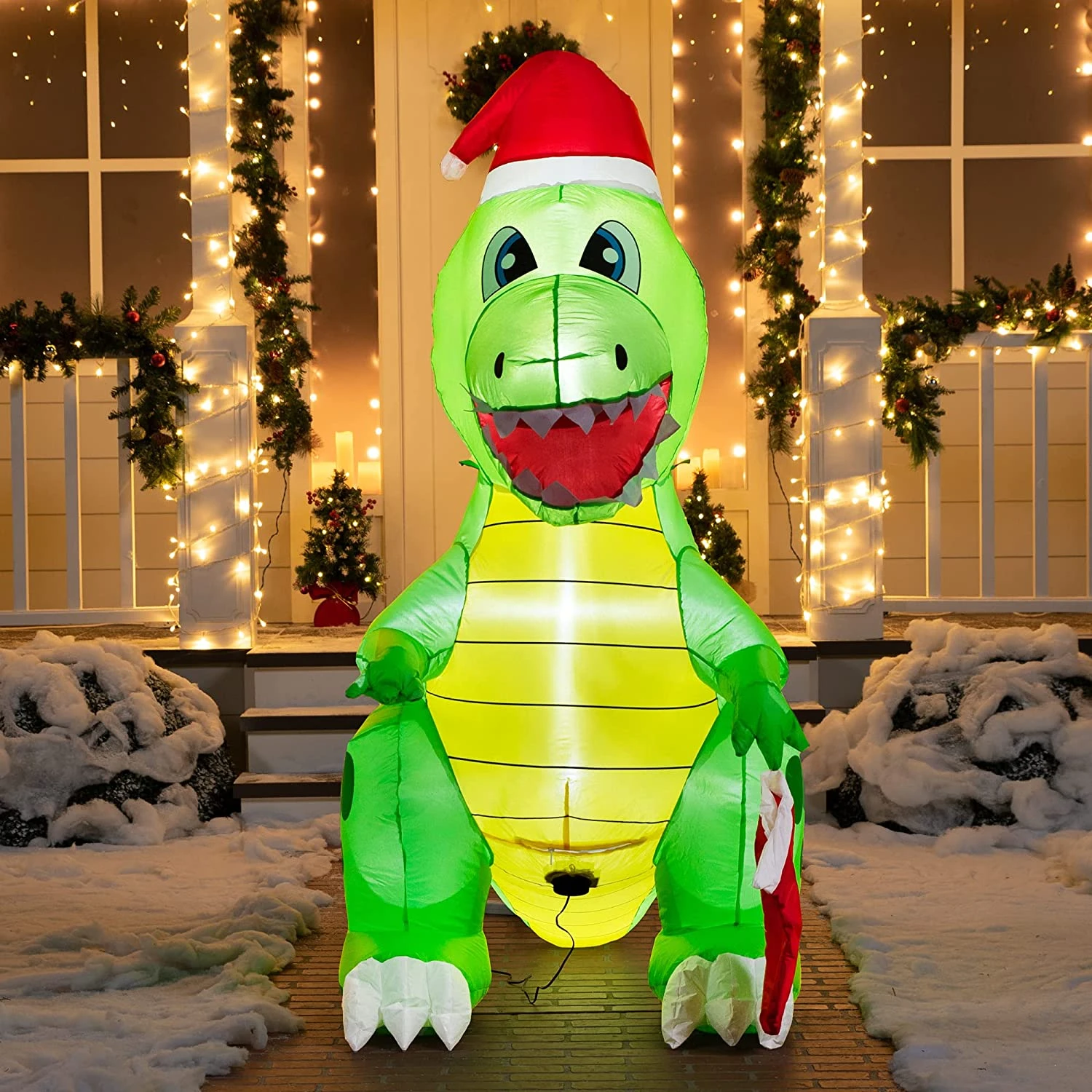 6 FT Tall Inflatable Dinosaur Holding A Christmas Stocking With Build-in LEDs 6 6 FT Tall Inflatable Dinosaur Holding A Christmas Stocking With Build-in LEDs - Image 4