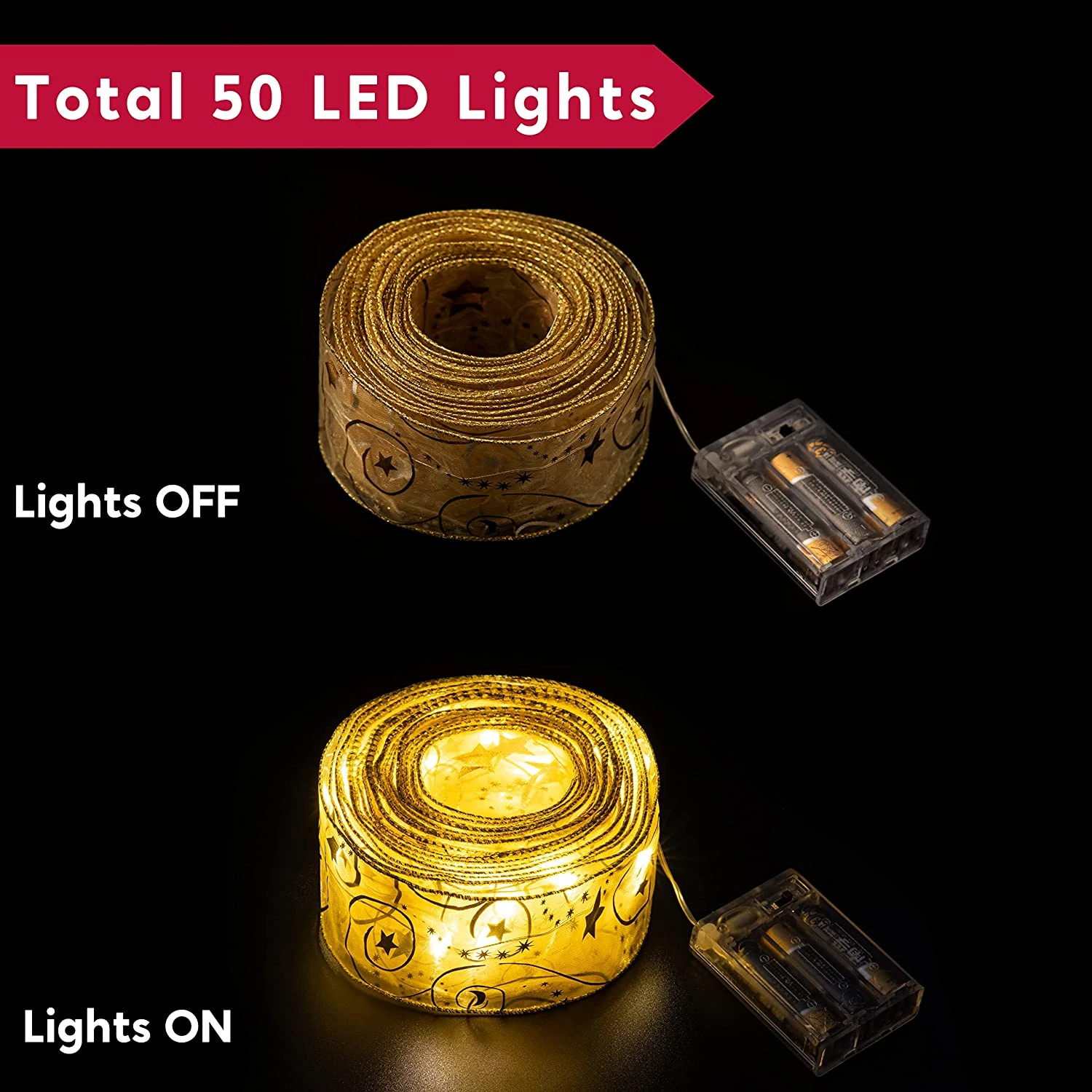 50 LED Fiber Mesh Wired Ribbon Battery Powered (Gold) - Image 2