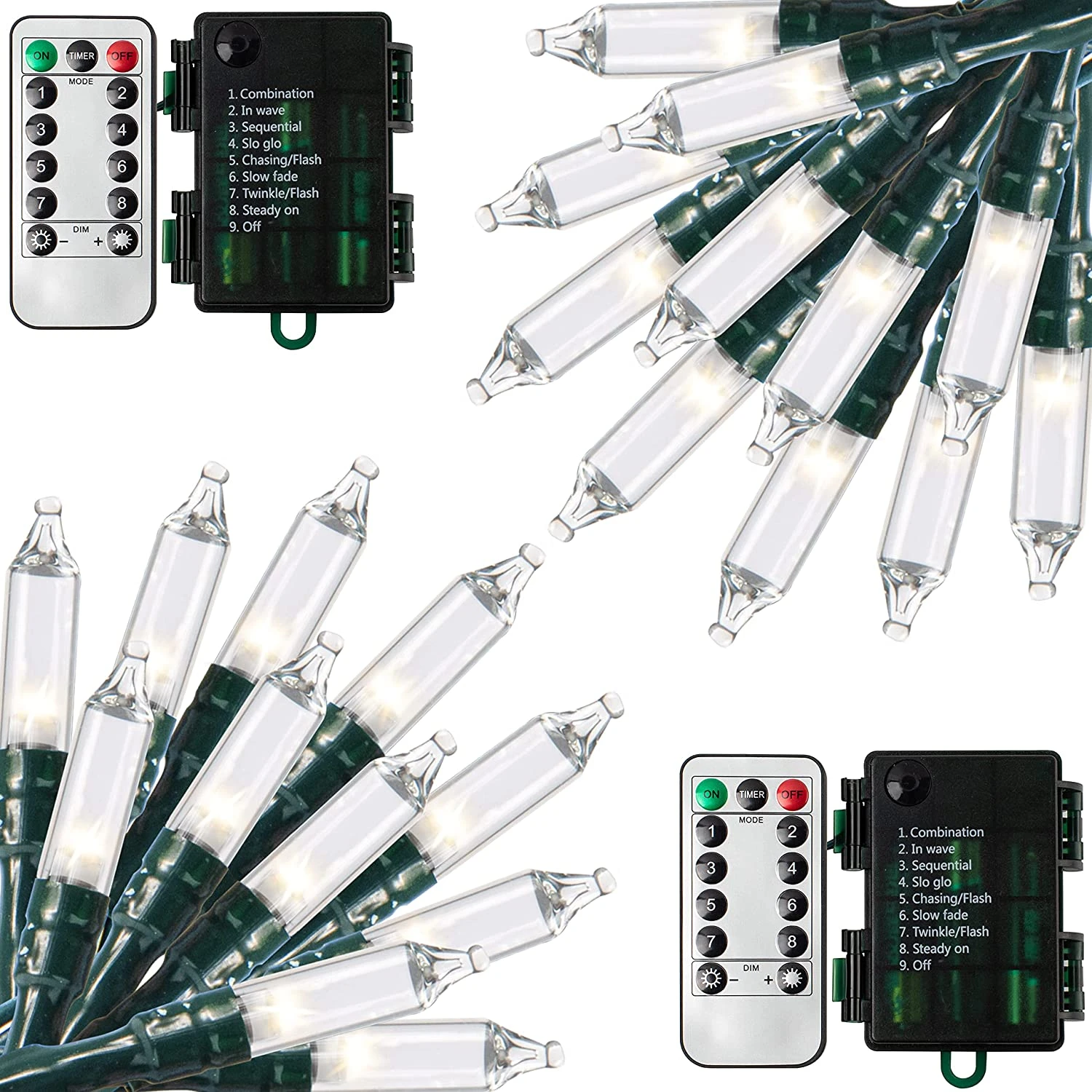 34.6 FT Christmas 2x50 Count Clear White LED Green Wire String Lights With Remote Control