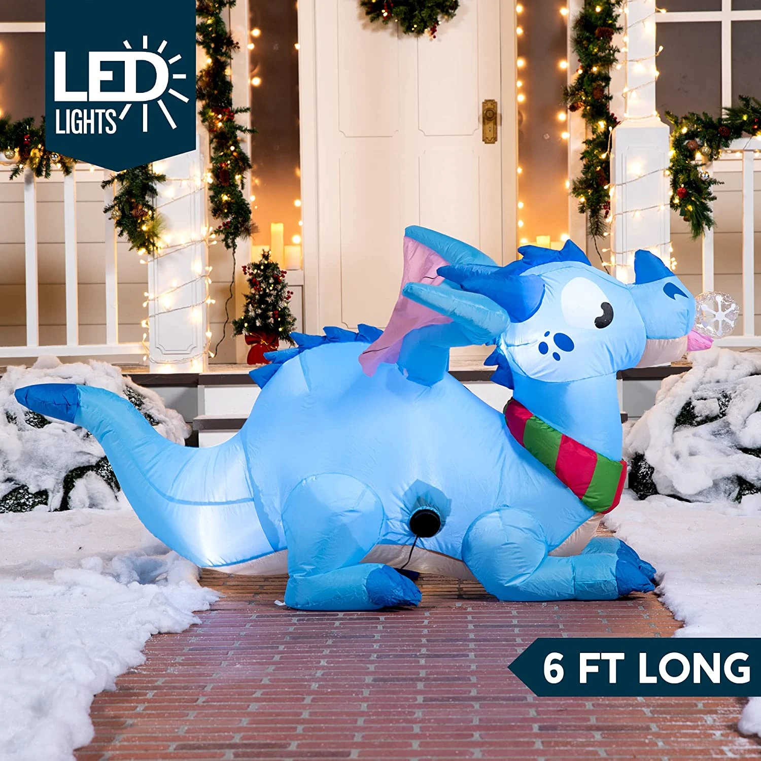 6 FT Long Inflatable Blue Dragon With Snowflake With Build-in LEDs 4 6 FT Long Inflatable Blue Dragon With Snowflake With Build-in LEDs - Image 2