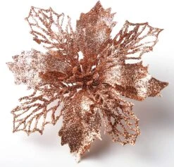 24 Pcs Rose Gold Poinsettia Flowers With Clips And Glitter