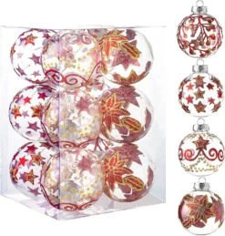 3.15'' Christmas Transparent Ball Ornaments With Red And Gold Print 12 Pcs