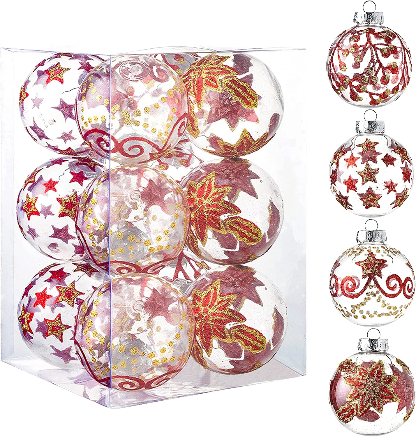 3.15'' Christmas Transparent Ball Ornaments With Red And Gold Print 12 Pcs