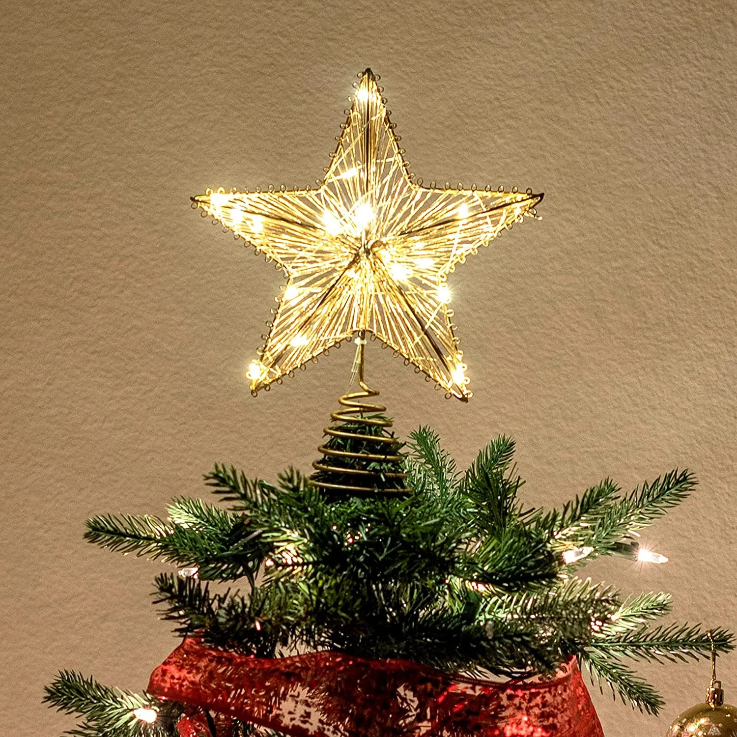 Christmas Tree Toppers, Gold Star Tree Topper Lighted With Warm White LED Lights