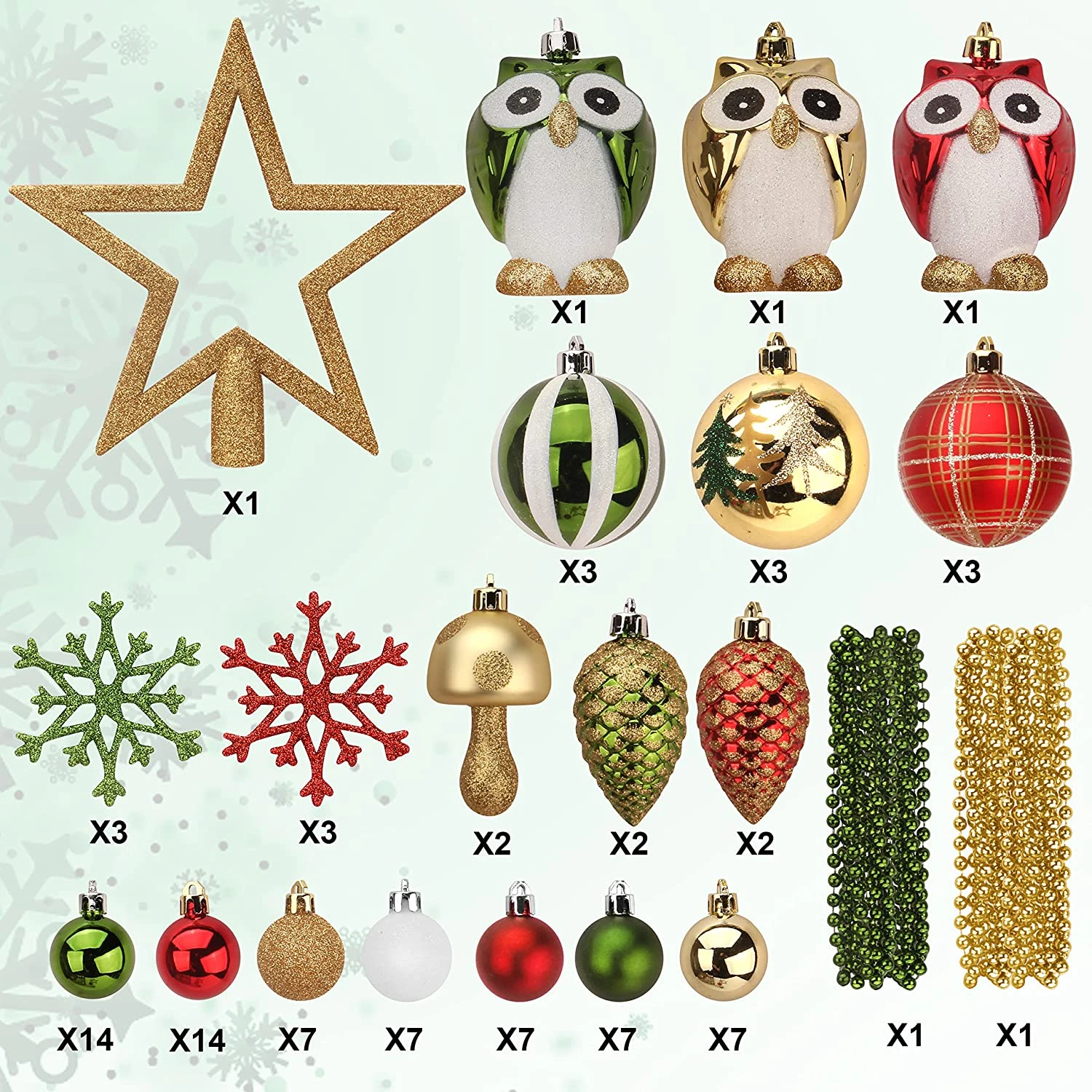 90 Pcs Christmas Ornaments With Owl - Red, Green & Gold - Image 4