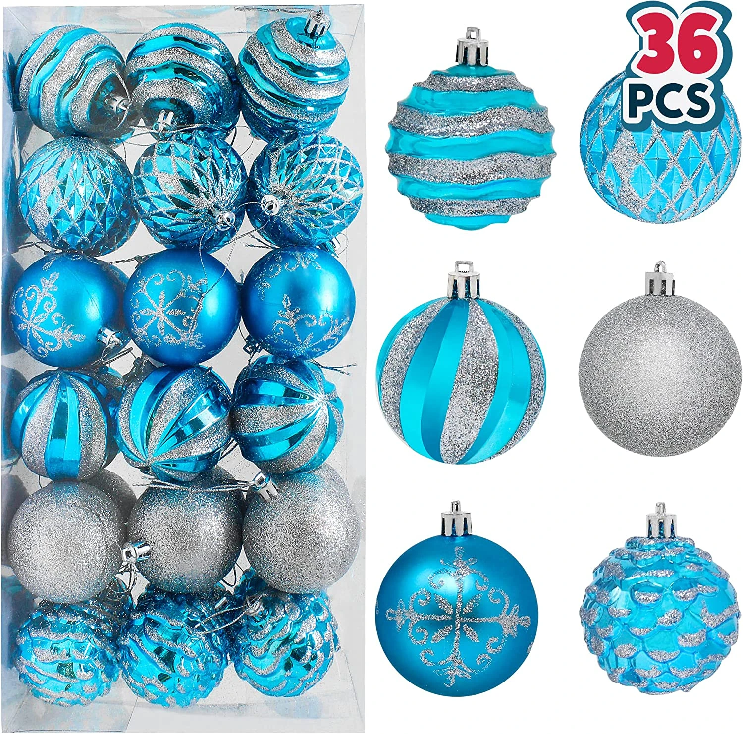 36 Pieces Blue And Silver Christmas Ornaments