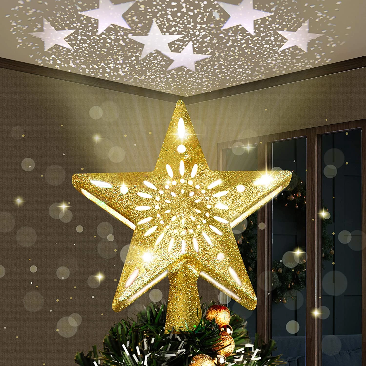 Gold Star Tree Topper With Yellow Star Projector Lights