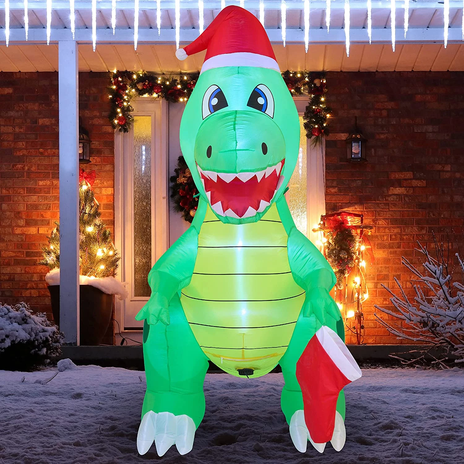 6 FT Tall Inflatable Dinosaur Holding A Christmas Stocking With Build-in LEDs 11 6 FT Tall Inflatable Dinosaur Holding A Christmas Stocking With Build-in LEDs - Image 9