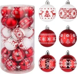 Red And White Christmas Ornaments Assorted Design, 30 Pcs
