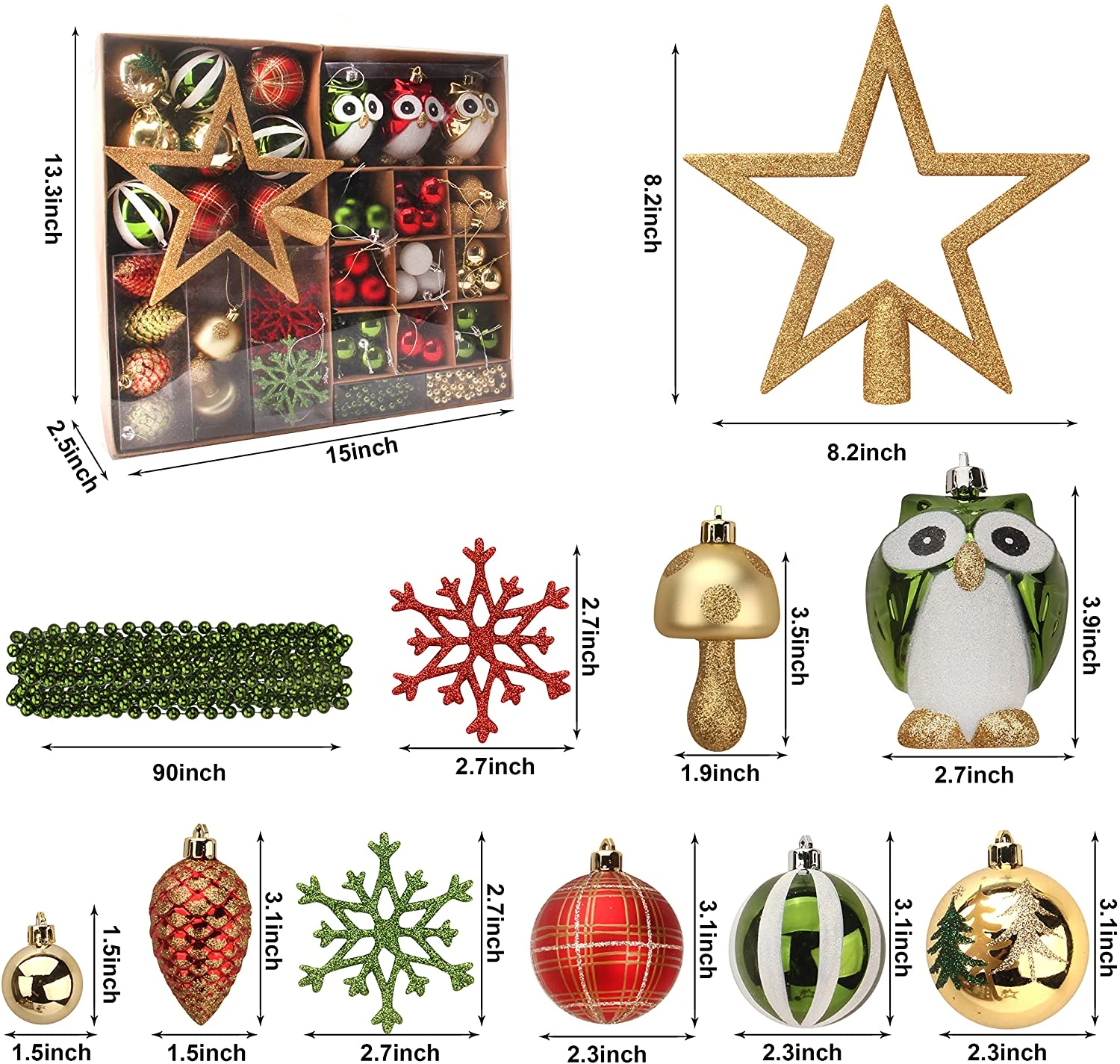 90 Pcs Christmas Ornaments With Owl - Red, Green & Gold - Image 3