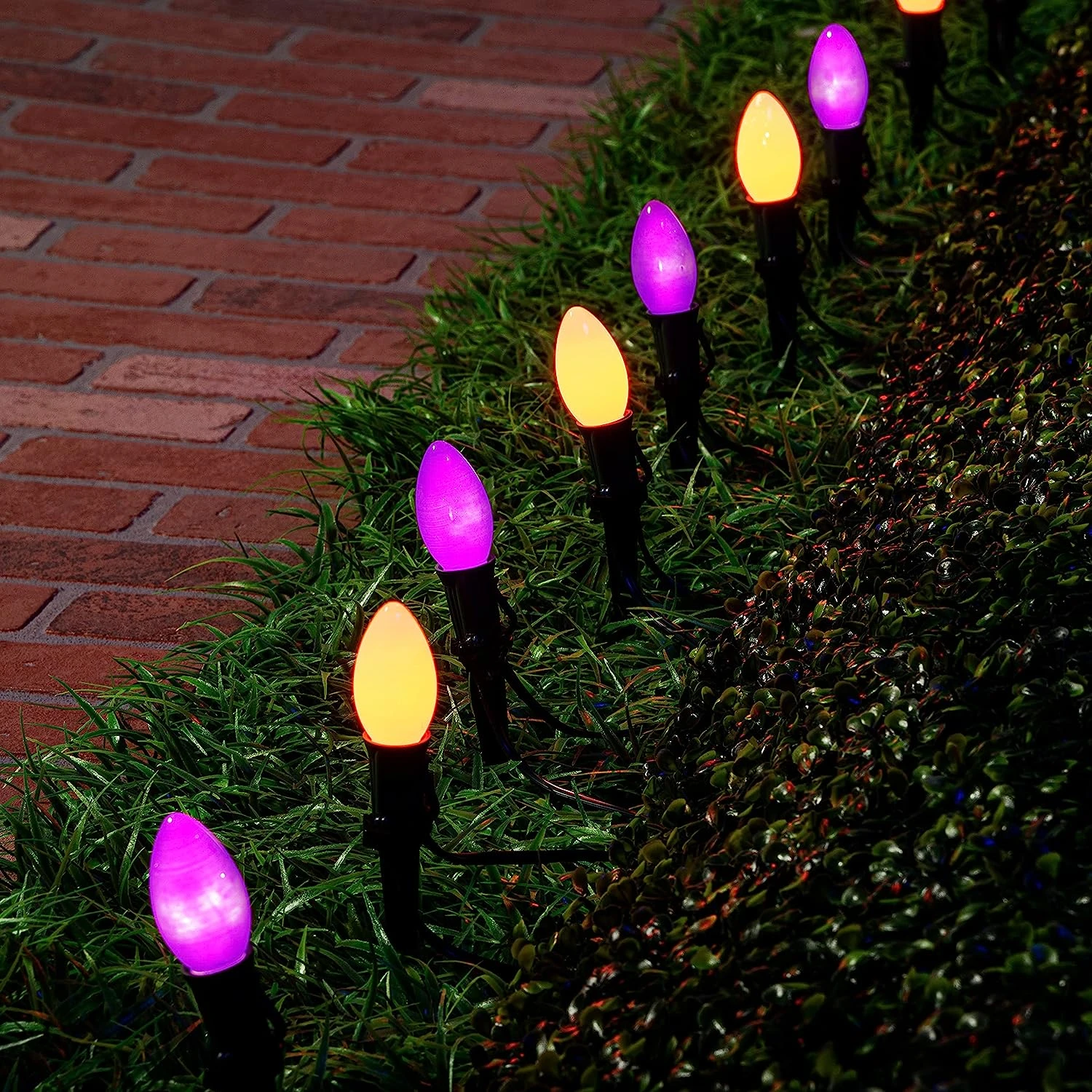 C9 Incandescent Green Wire Pathway Lights (Orange & Purple), 10 Pcs