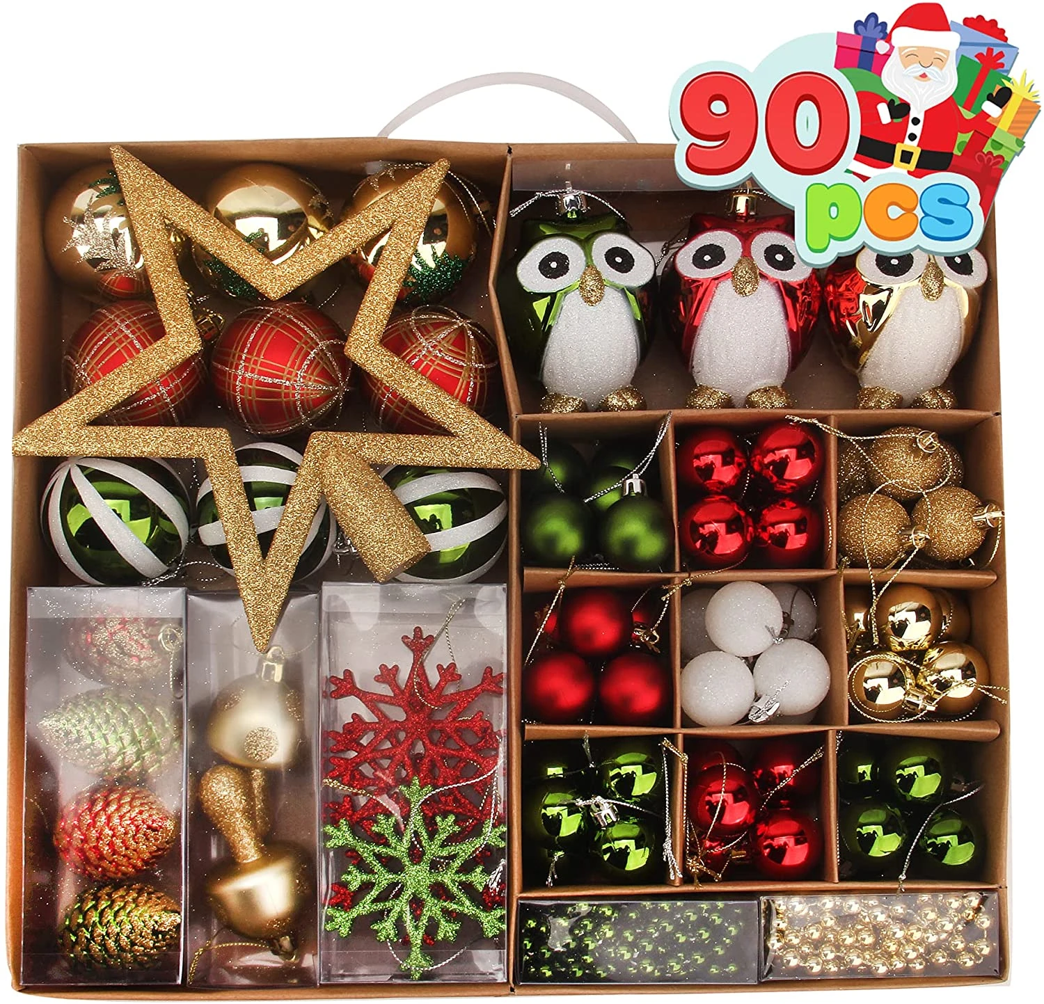 90 Pcs Christmas Ornaments With Owl - Red, Green & Gold - Image 2