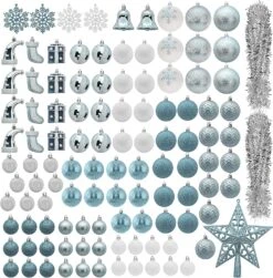 112 Pcs Baby Blue & White Christmas Assorted Ornaments With A Star Tree Topper