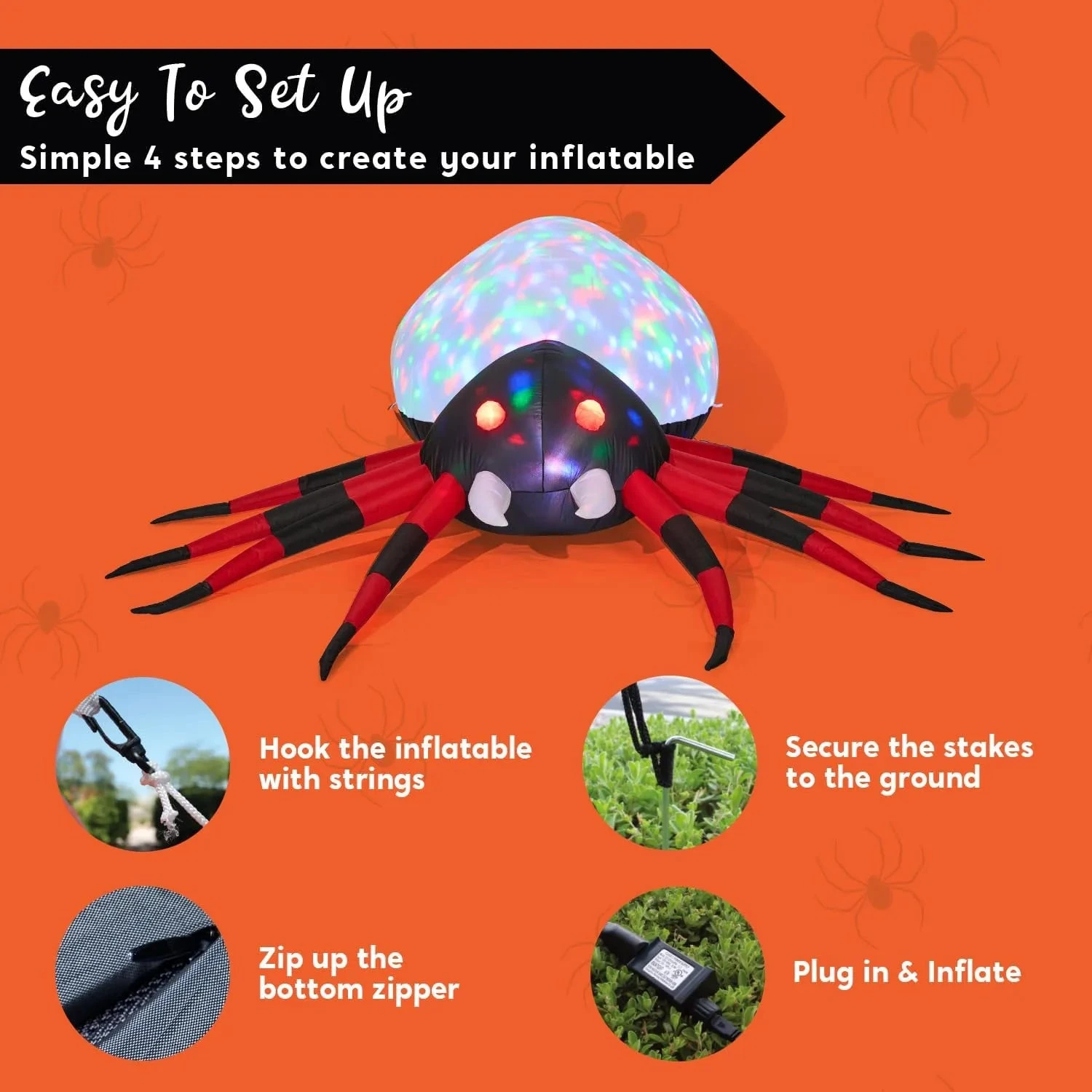 9ft Halloween Inflatable Spider With Rotating Colorful Light - Image 5