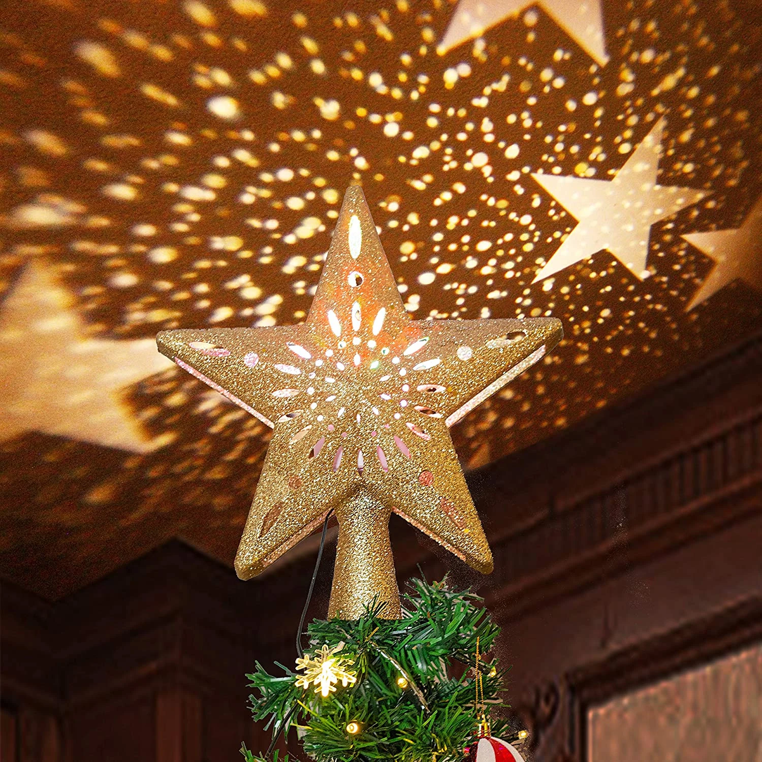 Gold Star Tree Topper With Yellow Star Projector Lights - Image 2
