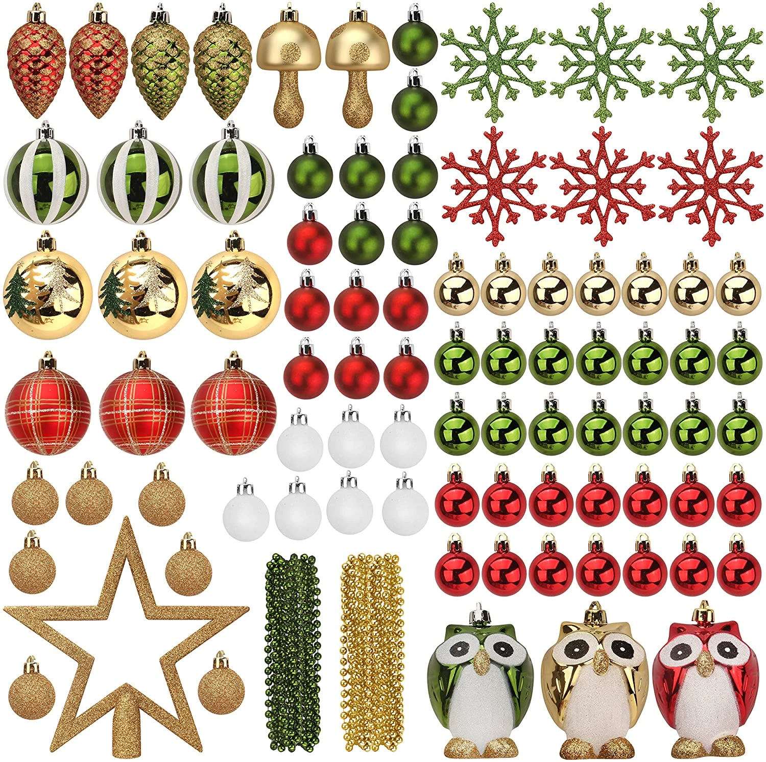 90 Pcs Christmas Ornaments With Owl - Red, Green & Gold