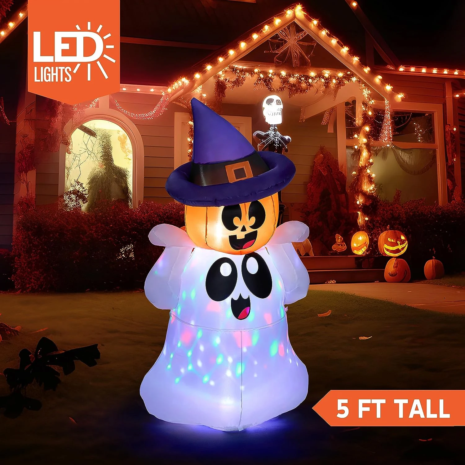 Joiedomi 5 FT Tall Halloween Inflatable Ghost With Pumpkin Head And Build-in Colorful LEDs - Image 2