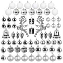 66 Pcs Christmas Assorted Ornaments Silver & White