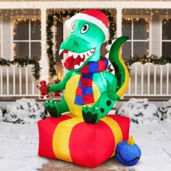 Large Dinosaur Sitting On A Gift Box Inflatable (6 Ft)