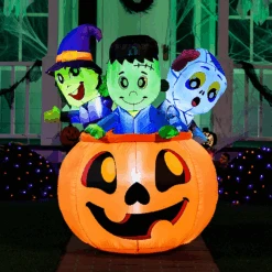 Halloween Tall Three Characters On Pumpkin Inflatable (5 Ft)