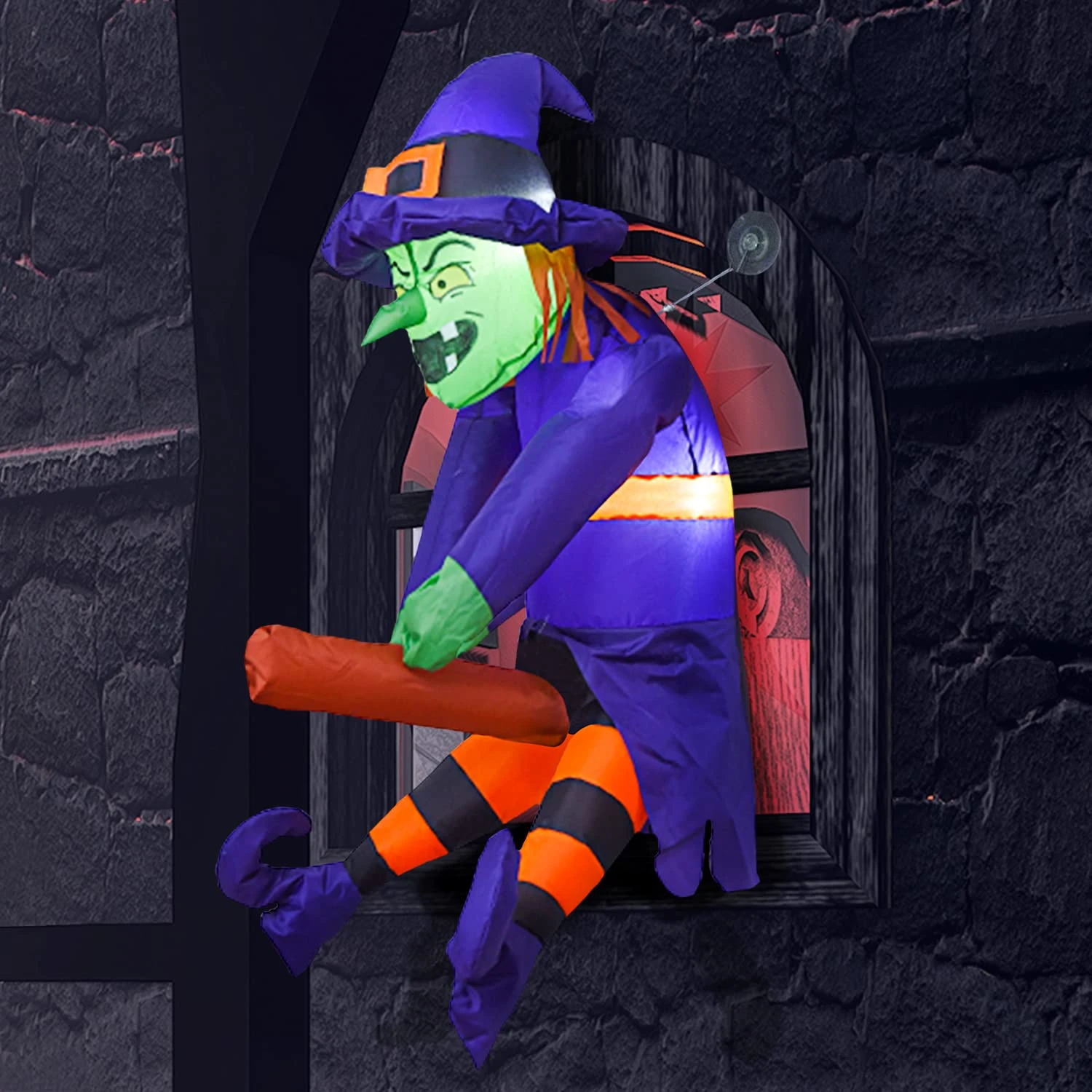 3.5 Ft. Halloween Inflatable Flying Witch Broke Out From Window