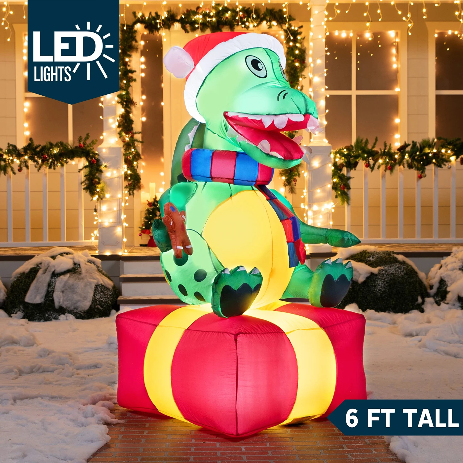 Large Dinosaur Sitting On A Gift Box Inflatable (6 Ft) - Image 2
