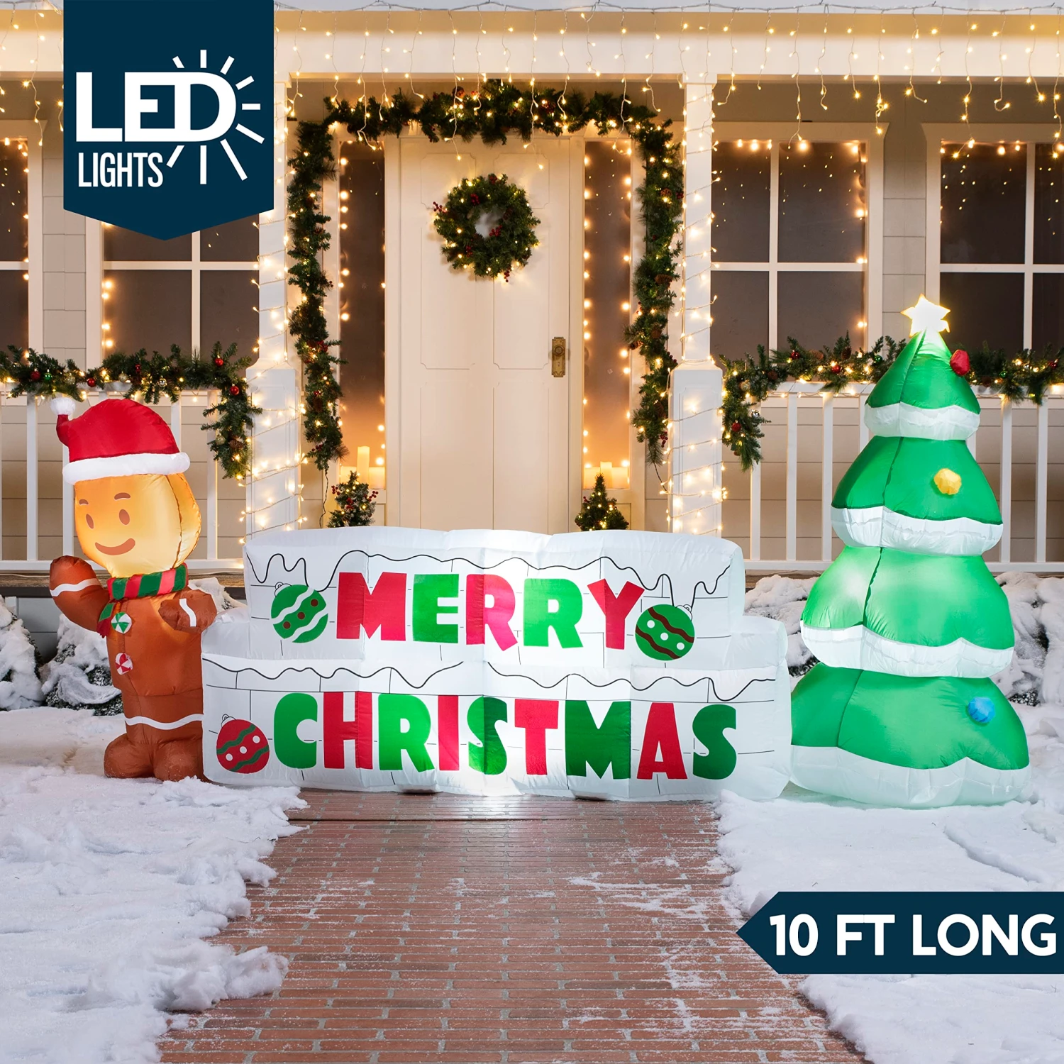 Giant Merry Christmas Sign With Tree & Gingerbread Man Inflatable (10 Ft) - Image 2