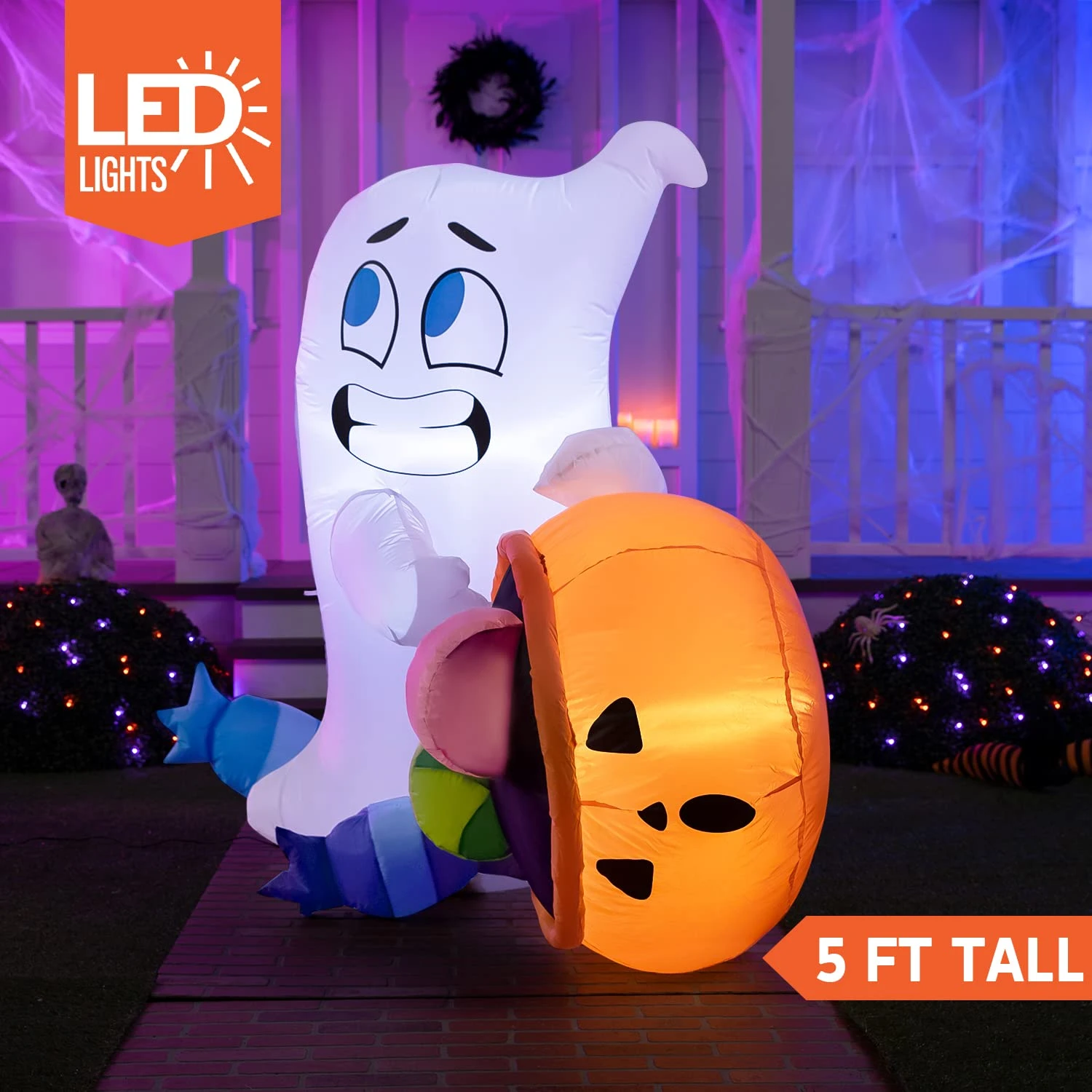 Tall Halloween Cute Ghost Dump Pumpkin Candy Bag Inflatable (5 Ft) 4 Tall Halloween Cute Ghost Dump Pumpkin Candy Bag Inflatable (5 Ft) - Image 2