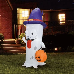 Tall Ghost With Pumpkin Candy Pail Inflatable (5 Ft)