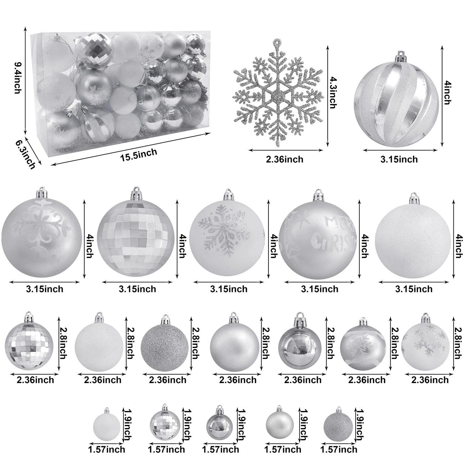 88 Pcs Assorted Shatterproof Silver & White Christmas Ornaments - Image 2