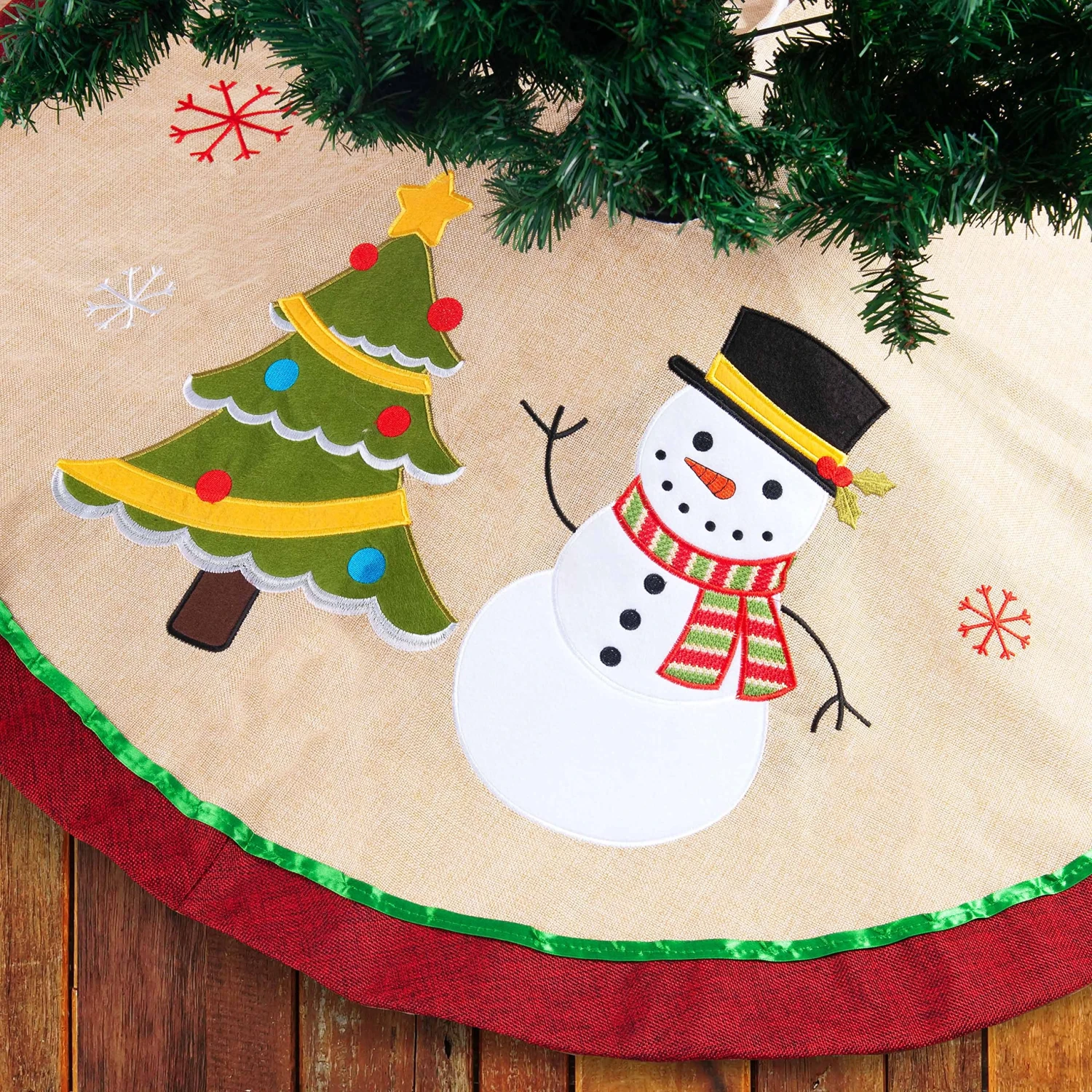 48in Burlap Christmas Tree Skirt (Snowman Tree) - Image 3