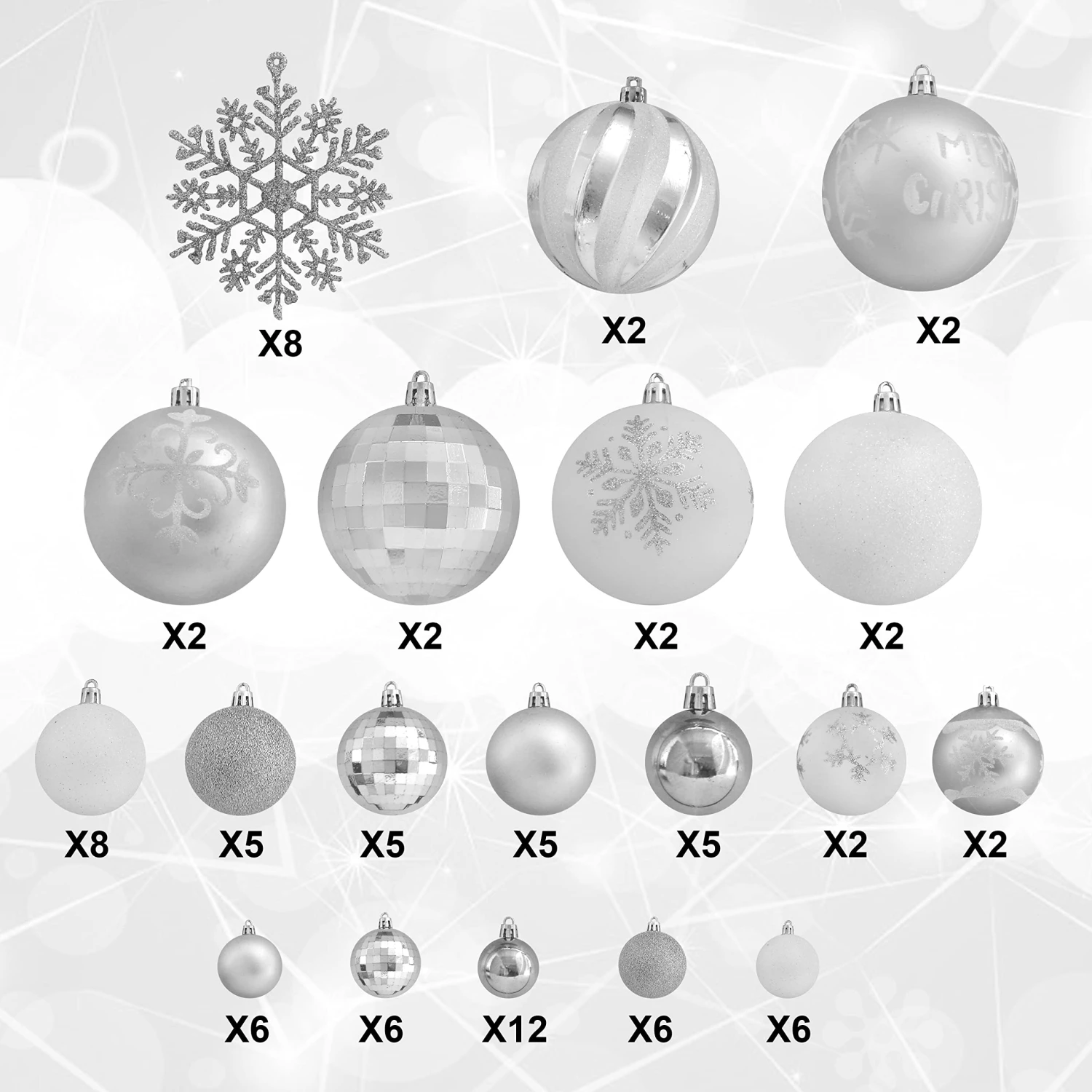 88 Pcs Assorted Shatterproof Silver & White Christmas Ornaments - Image 3
