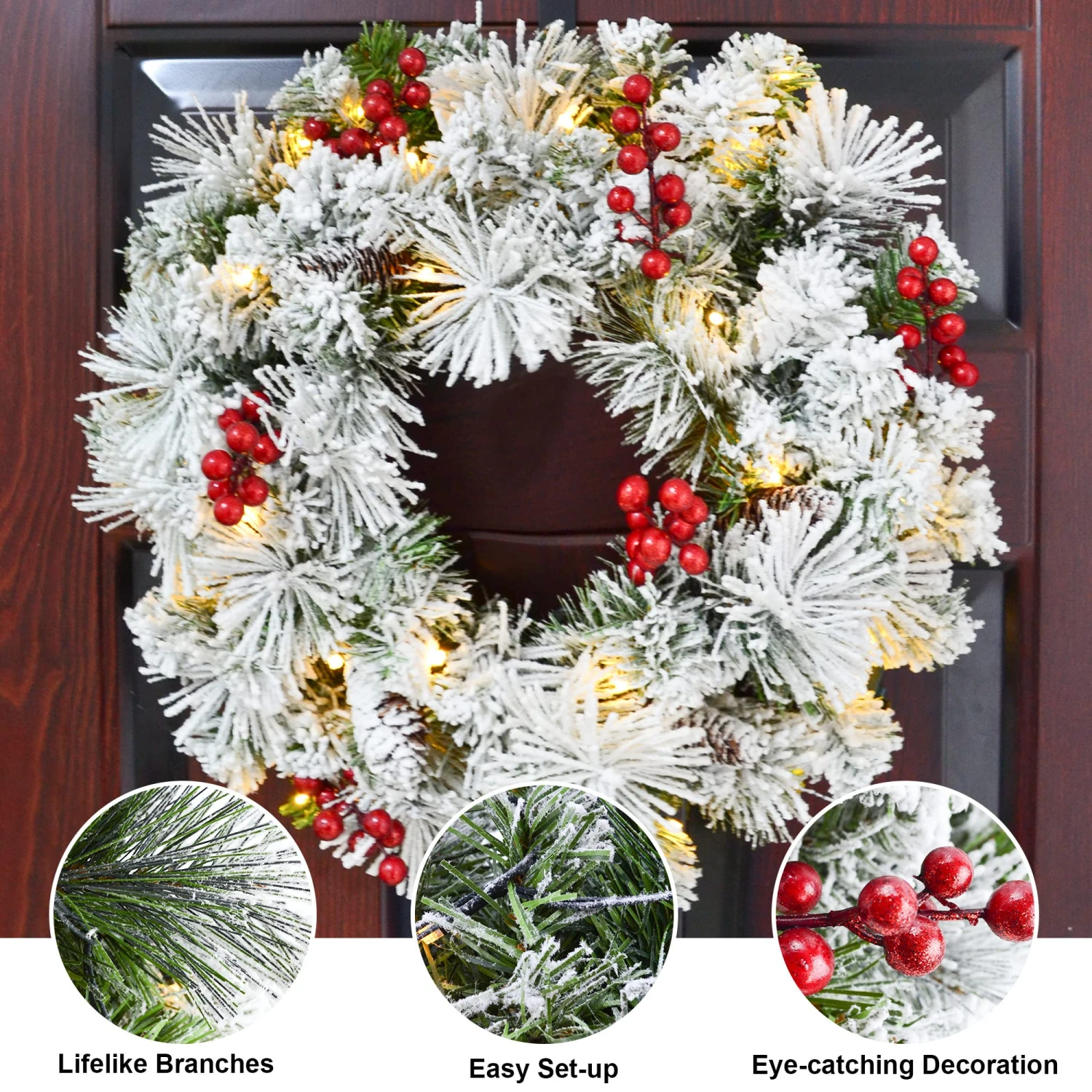20in Christmas Wreath Flocked With LED Lights - Image 5