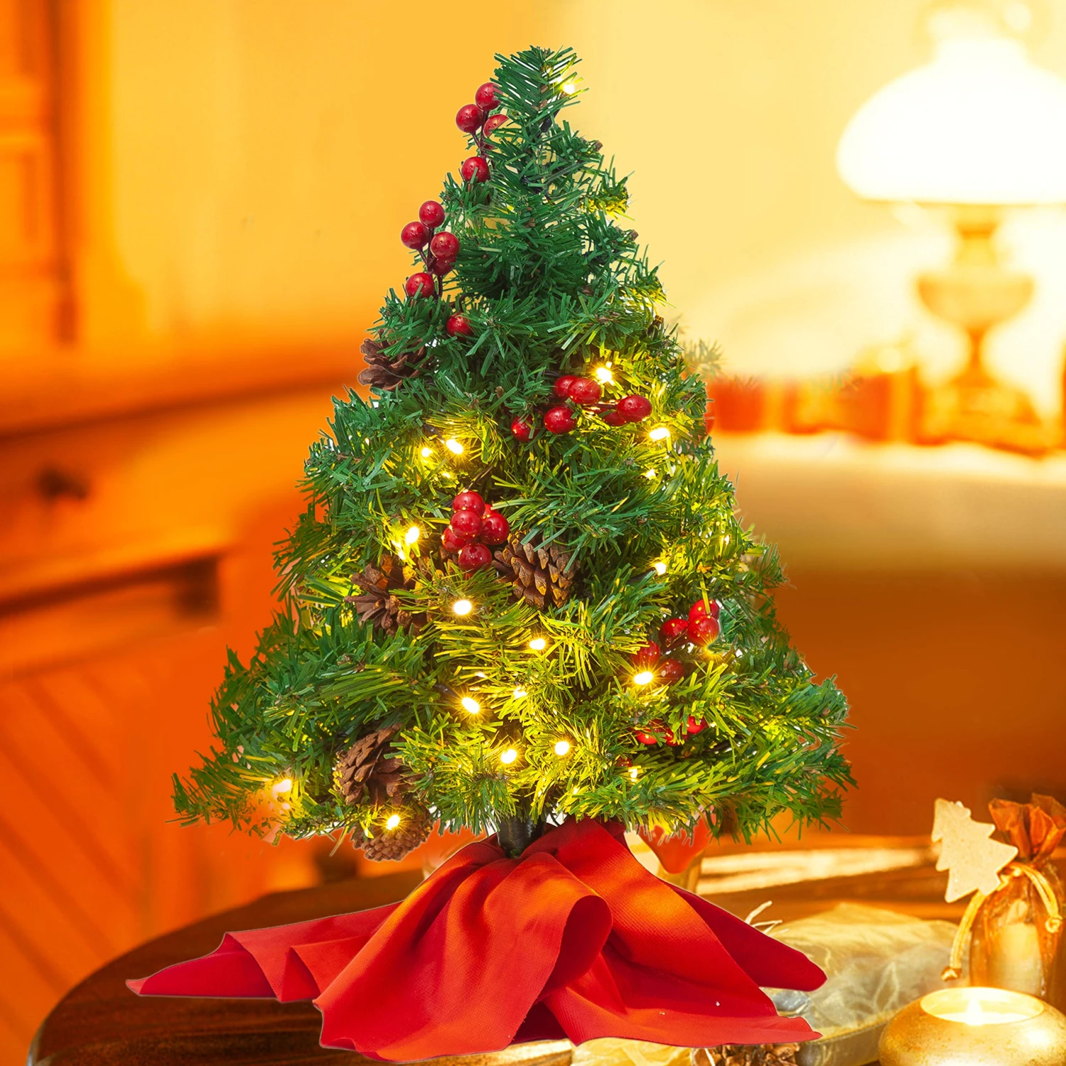 22in Prelit Tabletop Christmas Tree With Holy Leaves & Pine Cones - Image 6