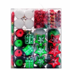 132 Pcs Red, Green, White Christmas Assorted Ornaments With A Silver Star Tree Topper
