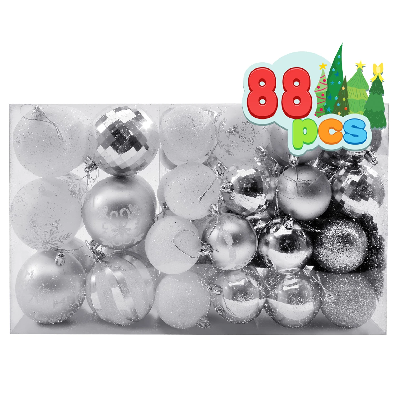 88 Pcs Assorted Shatterproof Silver & White Christmas Ornaments - Image 7
