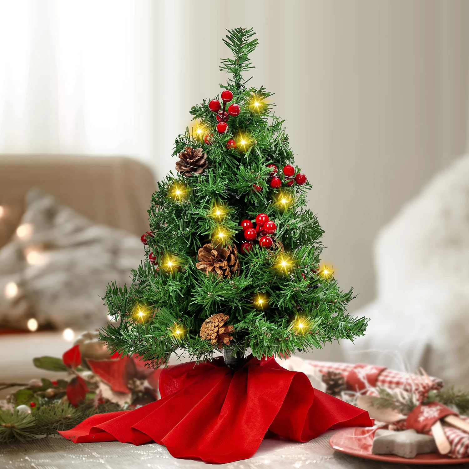 22in Prelit Tabletop Christmas Tree With Holy Leaves & Pine Cones - Image 9